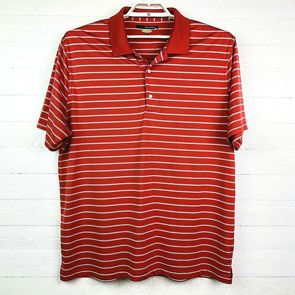 Greg Norman Mens Golf Polo Shirt XL S/S Light Red White Stripe‎ PLAYDRY